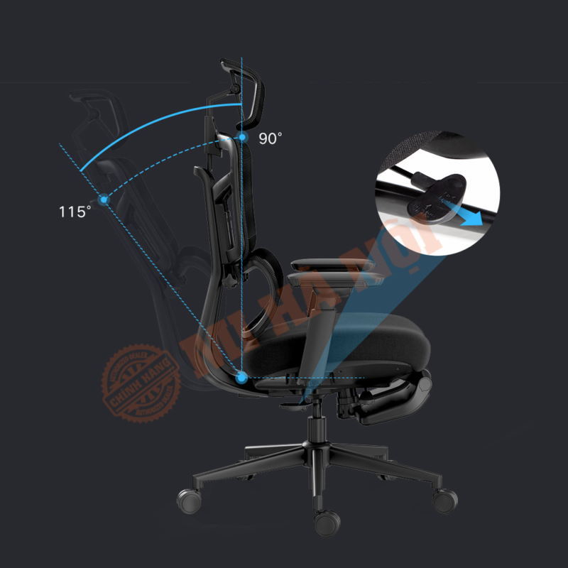 Ghế có khả năng điều chỉnh ngả về phía sau 115 độ và có phần bệ đỡ chân giúp người dùng có thể nghỉ ngơi