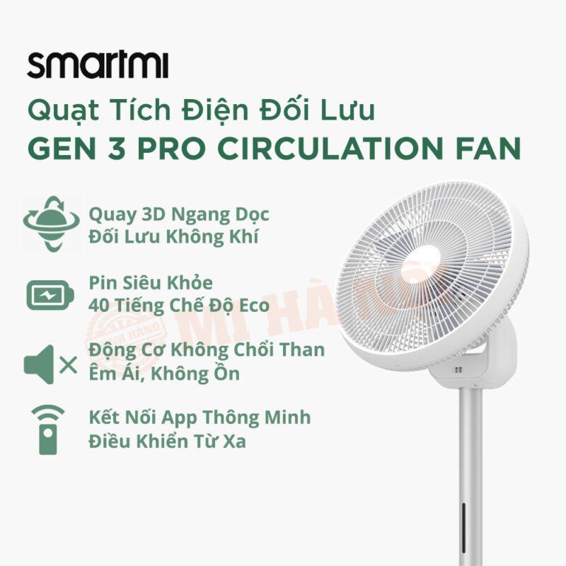 Quạt cây tích điện đối lưu Smartmi Xiaomi Gen 3 Pro Circulation Fan – Xoay 3D, pin 24 giờ, 100 cấp độ