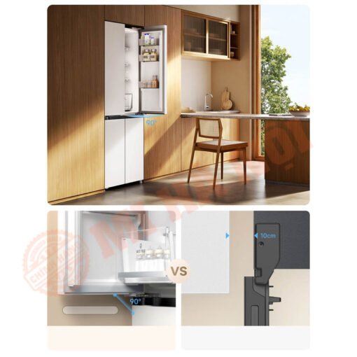 Bản lề âm, có thể mở 90° kể cả khi đặt sát tường, giúp cửa và ngăn kéo mở ra tự do, linh hoạt hơn khi so với tủ lạnh thông thường