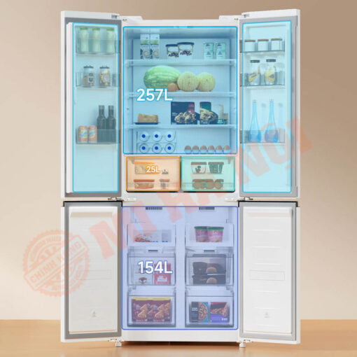 Tủ lạnh 4 cánh Xiaomi Mijia 436L với cửa chữ thập tối ưu hóa không gian, tùy theo loại thực phẩm, có các khu vực bảo quản riêng biệt, đáp ứng nhu cầu của cả gia đình.