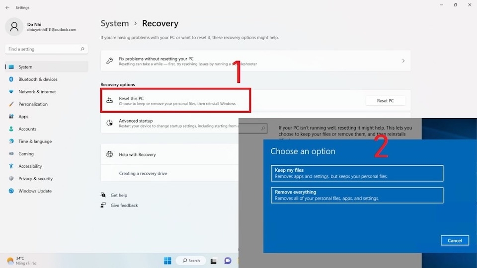 Bấm nút Reset PC ở bên phải mục Reset this PC