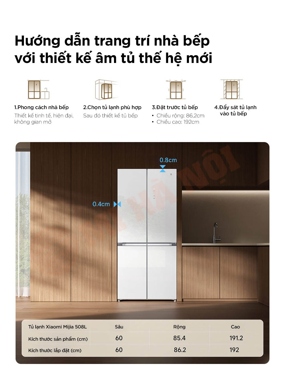 Tủ lạnh 4 cánh Xiaomi Mijia 508L BCD-508WGBI - Bản đá pha lê trắng, đông lạnh -30°C, kháng khuẩn 99.9%