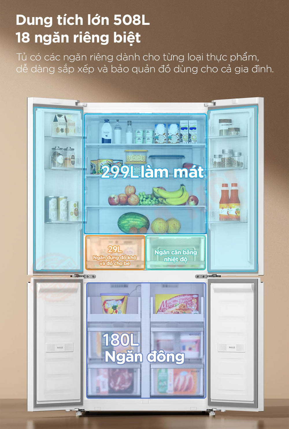 Tủ lạnh 4 cánh Xiaomi Mijia 508L BCD-508WGBI - Bản đá pha lê trắng, đông lạnh -30°C, kháng khuẩn 99.9%