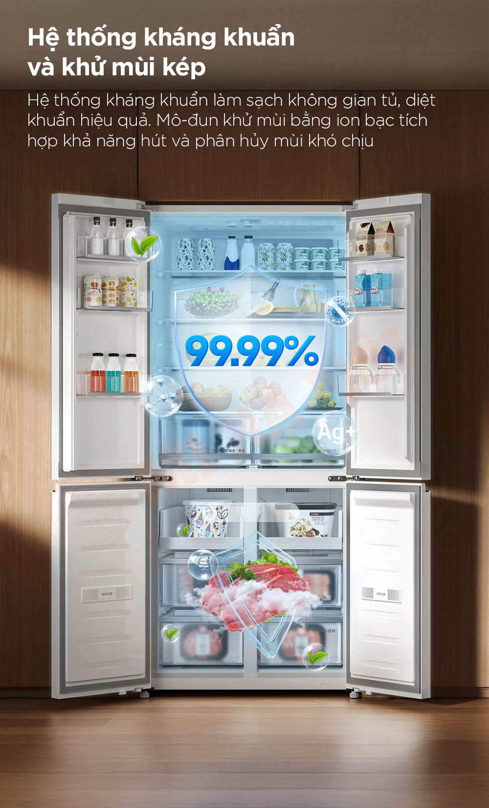 Tủ lạnh 4 cánh Xiaomi Mijia 508L BCD-508WGBI - Bản đá pha lê trắng, đông lạnh -30°C, kháng khuẩn 99.9%