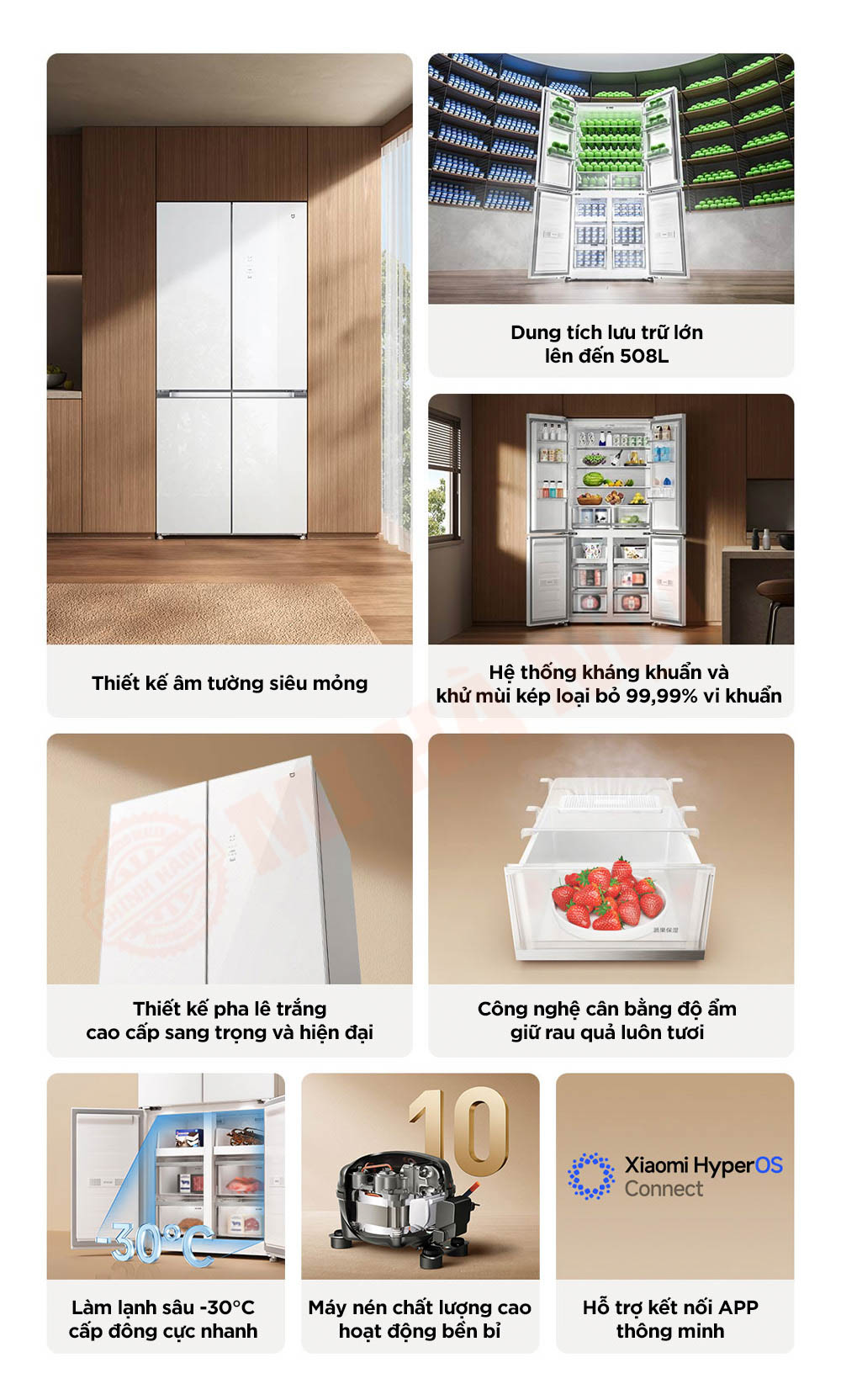 Tủ lạnh 4 cánh Xiaomi Mijia 508L BCD-508WGBI - Bản đá pha lê trắng, đông lạnh -30°C, kháng khuẩn 99.9%