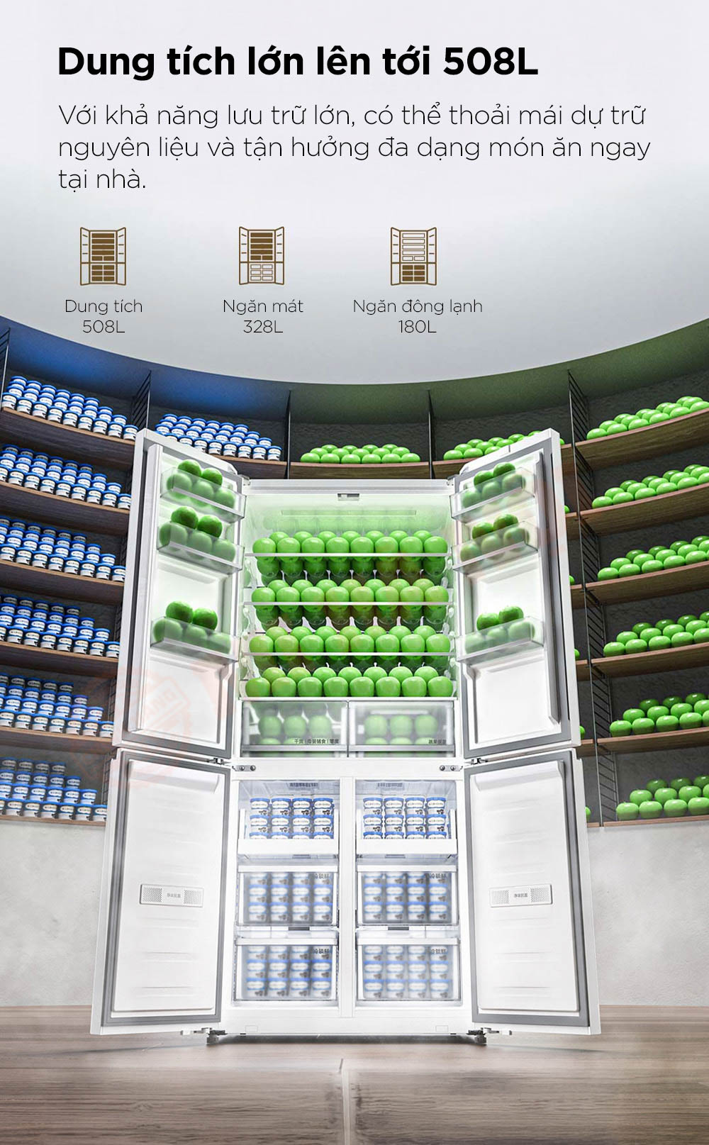 Tủ lạnh 4 cánh Xiaomi Mijia 508L BCD-508WGBI - Bản đá pha lê trắng, đông lạnh -30°C, kháng khuẩn 99.9%