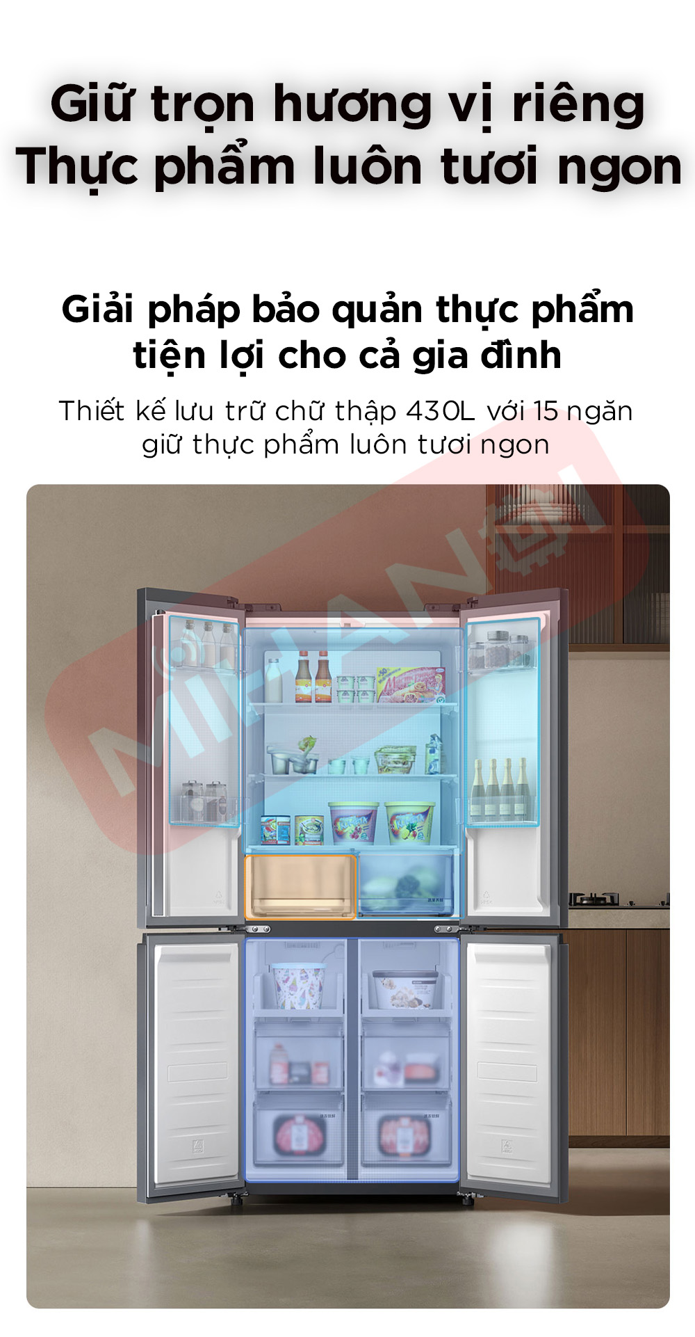 tủ lạnh xiaomi mijia 430L lưu trữ đa dạng với 15 ngăn
